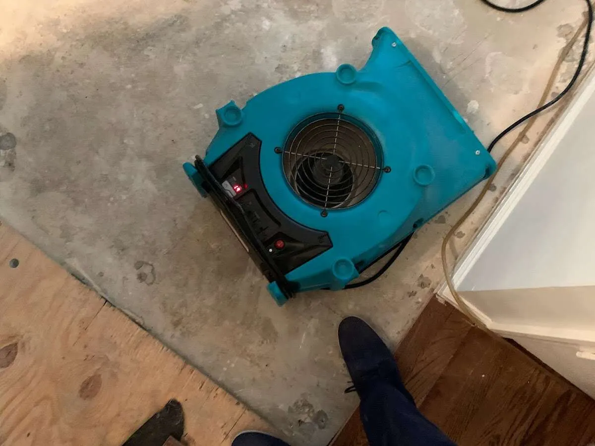 Air mover drying subfloor during Leak Detection & Repair in Marple